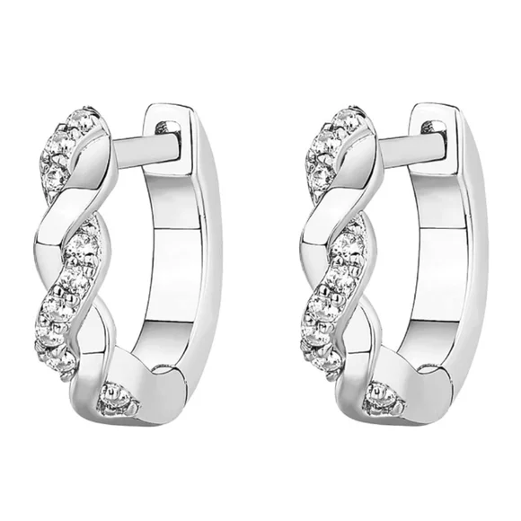 14K White Gold Plated Cubic Zirconia Huggie Hoop Twisted Earrings - Picture 2 of 5